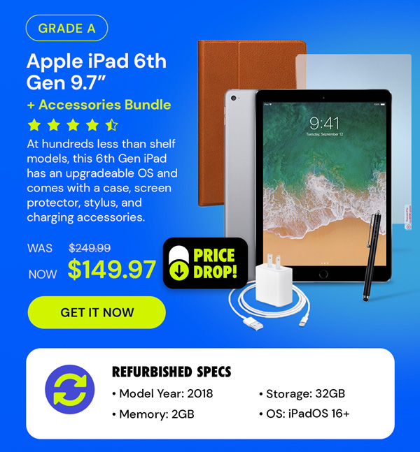 Apple iPad 6th Gen 9.7” (2018) 32GB - Space Gray (Refurbished: Wi-Fi Only) + Accessories Bundle