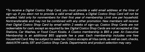 Digital Costco Shop Card Disclaimer | Terms & Conditions Apply - See Website for Details