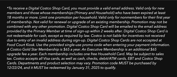 Digital Costco Shop Card Disclaimer | Terms & Conditions Apply - See Website for Details