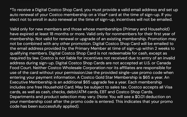 Digital Costco Shop Card Disclaimer | Terms & Conditions Apply - See Website for Details