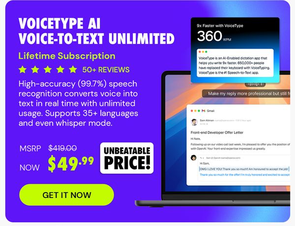 VoiceType AI Voice-to-Text: Lifetime Subscription (Unlimited Words/Month)