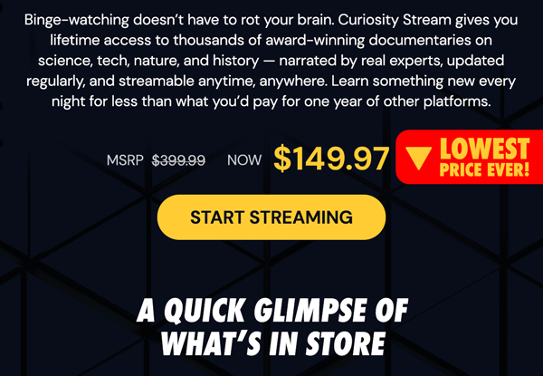 Curiosity Stream Standard Plan: Lifetime Subscription