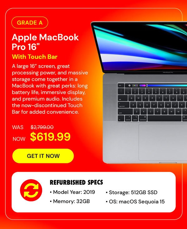 Apple MacBook Pro 16" (2019) 2.6GHz Core i7 Touch Bar 32GB RAM 512GB SSD Space Gray (Refurbished)