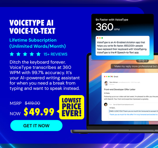 VoiceType AI Voice-to-Text: Lifetime Subscription (Unlimited Words/Month)