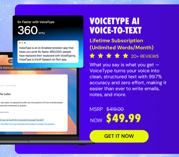 VoiceType AI Voice-to-Text: Lifetime Subscription (Unlimited Words/Month)