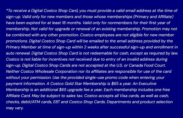 Digital Costco Shop Card Disclaimer | Terms and Conditions Apply - See Website for Details