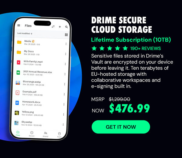 Drime Secure Cloud Storage: Lifetime Subscription (Advanced++ Plan/10TB)