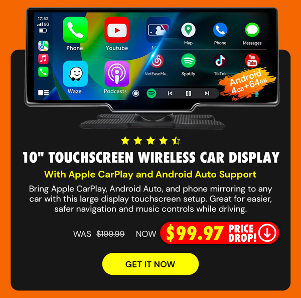 10" Touchscreen Wireless/WiFi/Bluetooth Car Display with Apple CarPlay and Android Auto Support