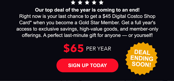 Costco 1-Year Gold Star Membership + $45 Digital Costco Shop Card