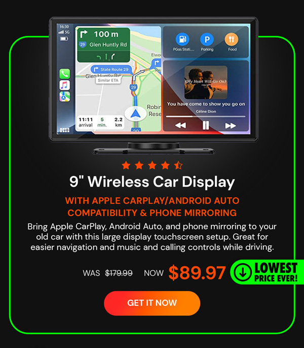 9" Wireless Car Display with Apple CarPlay/Android Auto Compatibility & Phone Mirroring