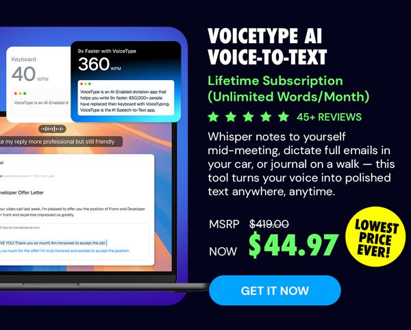 VoiceType AI Voice-to-Text: Lifetime Subscription (Unlimited Words/Month)