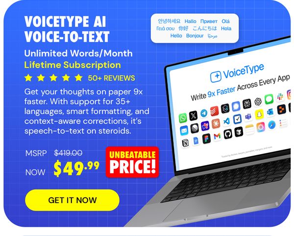 VoiceType AI Voice-to-Text: Lifetime Subscription (Unlimited Words/Month)
