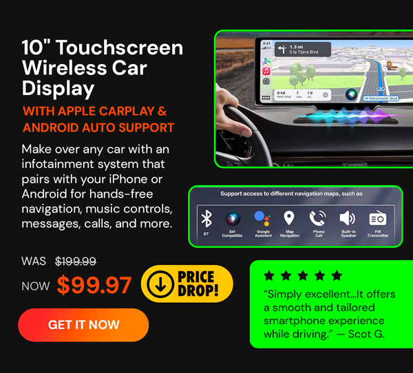 10" Touchscreen Wireless/WiFi/Bluetooth Car Display with Apple CarPlay and Android Auto Support