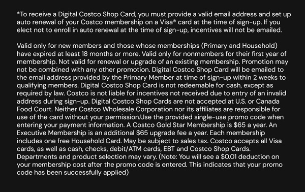 Digital Costco Shop Card Disclaimer | Terms & Conditions Apply - See Website for Details