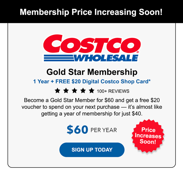 Costco Gold Star Membership 1-Year + $20 Digital Costco Shop Card | Sign Up Today