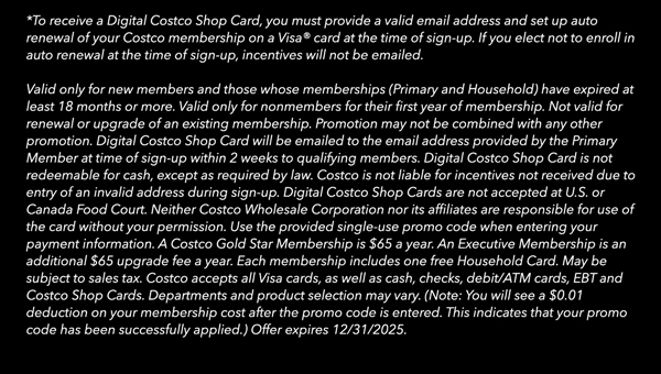 Digital Costco Shop Card Disclaimer | Terms and Conditions Apply - See Website for Details