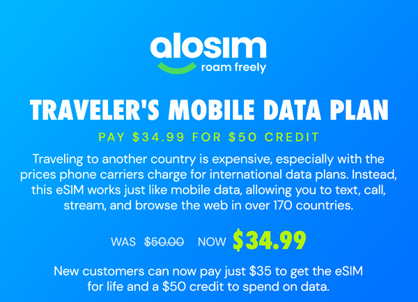 aloSIM Traveler's Mobile Data Plan: Pay $35 for $50 Credit