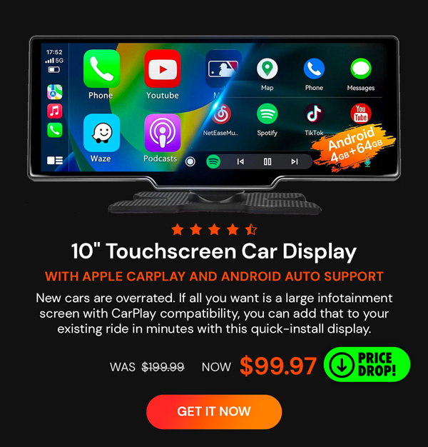 10" Touchscreen Wireless/WiFi/Bluetooth Car Display with Apple CarPlay and Android Auto Support