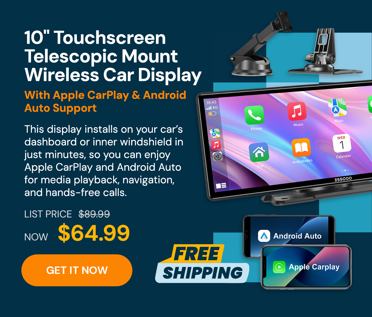 10" Touchscreen Telescopic Mount Wireless Car Display with Apple CarPlay & Android Auto Support