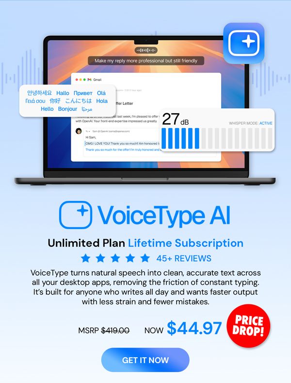 VoiceType AI Voice-to-Text: Lifetime Subscription (Unlimited Words/Month)