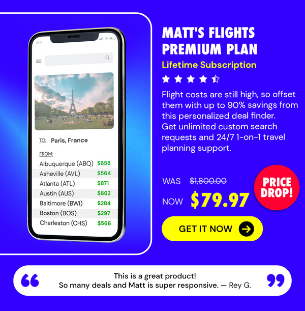 Matt's Flights Premium Plan (Lifetime Subscription) - Save up to 90% on Domestic & International flights