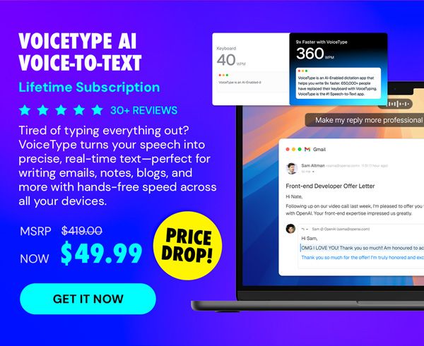 VoiceType AI Voice-to-Text: Lifetime Subscription (Unlimited Words/Month)