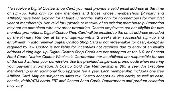 Digital Costco Shop Card Disclaimer | Terms and Conditions Apply - See Website for Details