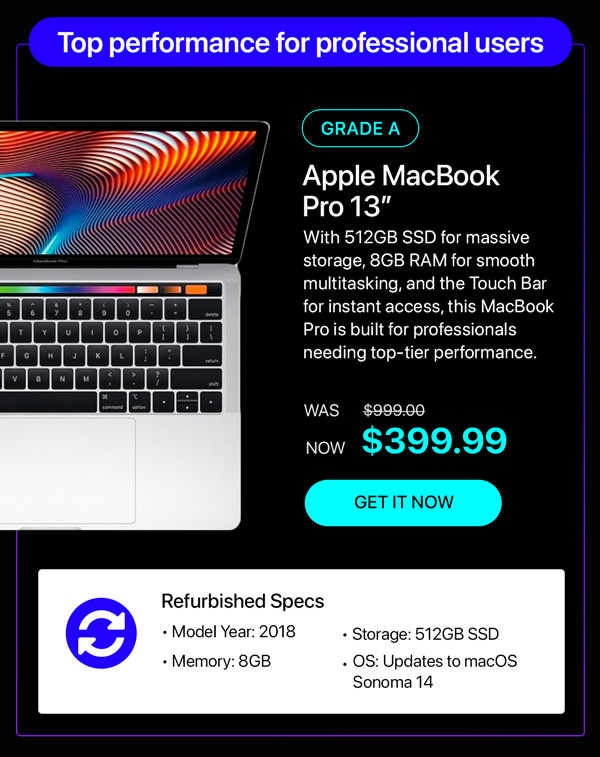 Apple Macbook Pro 13.3" i5 2.3GHz 8GB RAM 512GB SSD (2018) with Touchbar MR9Q2LL/A (Refurbished)