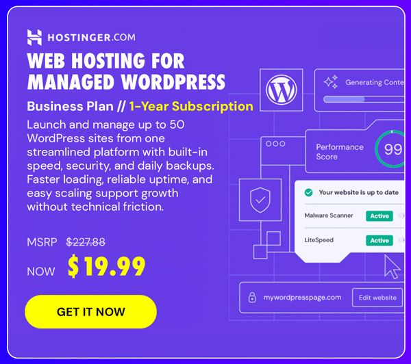 Hostinger Web Hosting for Managed WordPress: (Business/ 1 Year Subscription)
