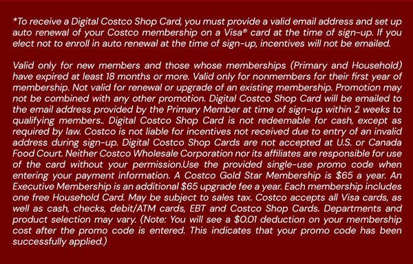 Digital Costco Shop Card Disclaimer | Terms & Conditions Apply - See Website for Details