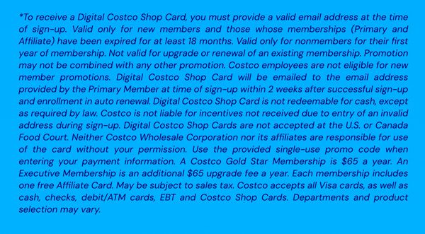 Digital Costco Shop Card Disclaimer | Terms and Conditions Apply - See Website for Details