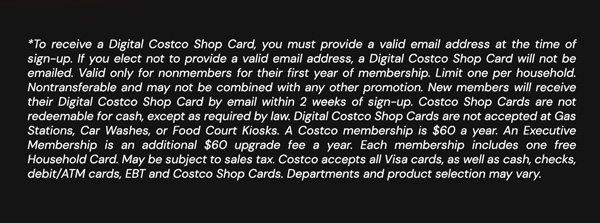 Digital Costco Shop Card Disclaimer | Terms & Conditions Apply - See Website For Details