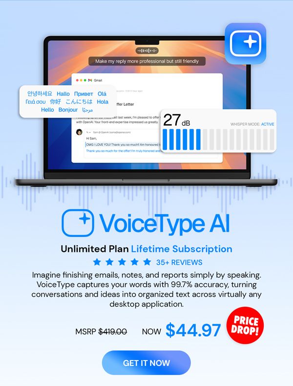VoiceType AI Voice-to-Text: Lifetime Subscription (Unlimited Words/Month)