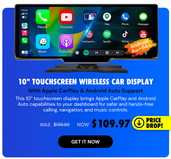 10" Touchscreen Wireless/WiFi/Bluetooth Car Display with Apple CarPlay and Android Auto Support