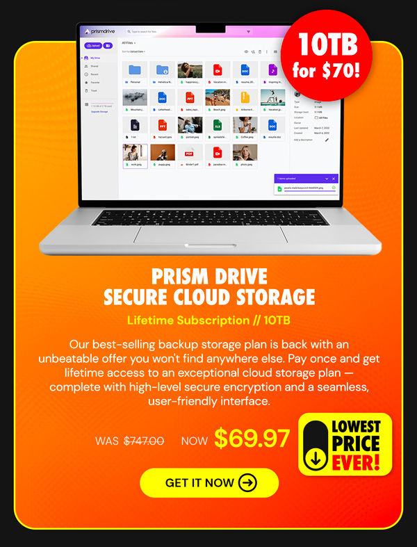 Prism Drive Secure Cloud Storage: Lifetime Subscription (10TB)