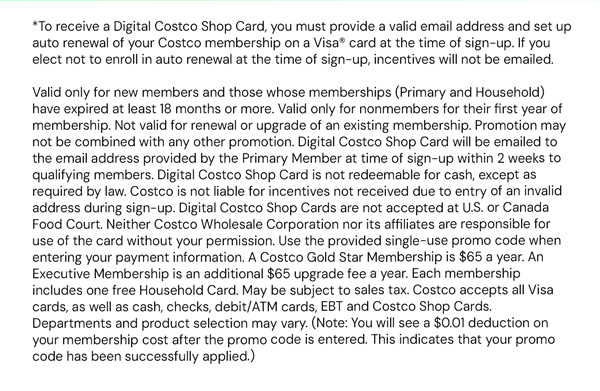Digital Costco Shop Card Disclaimer | Terms & Conditions Apply - See Website for Details