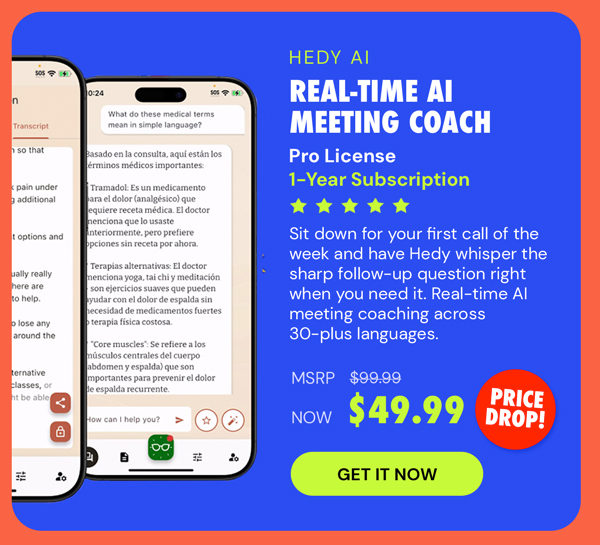 Hedy AI: Real-Time AI Meeting Coach (Pro License, 1-Year Subscription)