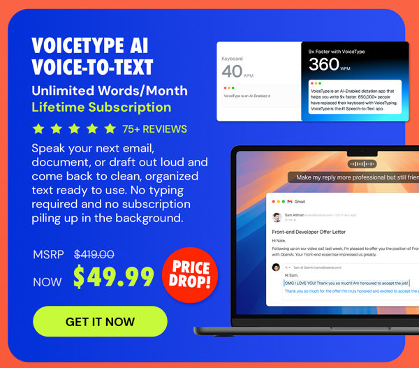 VoiceType AI Voice-to-Text: Lifetime Subscription (Unlimited Words/Month)