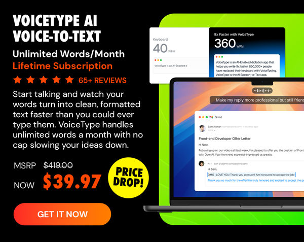 VoiceType AI Voice-to-Text: Lifetime Subscription (Unlimited Words/Month)