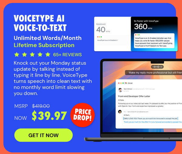 VoiceType AI Voice-to-Text: Lifetime Subscription (Unlimited Words/Month)