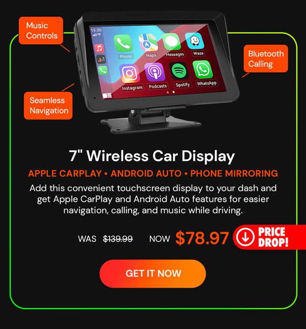 7" Wireless Car Display with Apple CarPlay & Android Auto Compatibility and Phone Mirroring