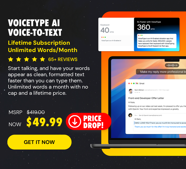VoiceType AI Voice-to-Text: Lifetime Subscription (Unlimited Words/Month)