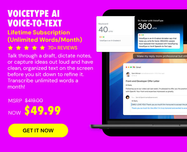 VoiceType AI Voice-to-Text: Lifetime Subscription (Unlimited Words/Month)