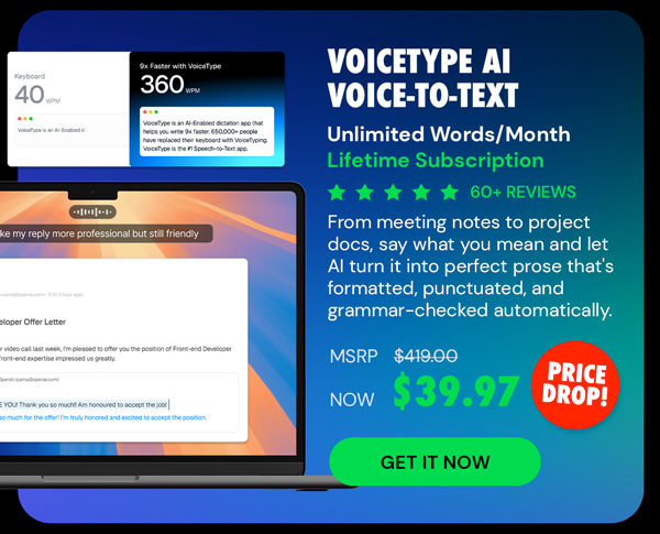 VoiceType AI Voice-to-Text: Lifetime Subscription (Unlimited Words/Month)