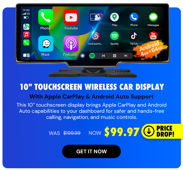 10" Touchscreen Wireless/WiFi/Bluetooth Car Display with Apple CarPlay and Android Auto Support