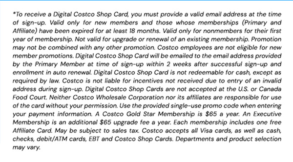 Digital Costco Shop Card Disclaimer | Terms and Conditions Apply - See Website for Details