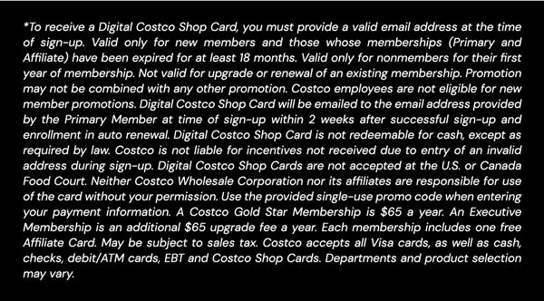 Digital Costco Shop Card Disclaimer | Terms and Conditions Apply - See Website for Details