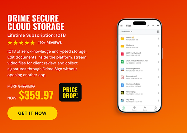 Drime Secure Cloud Storage: Lifetime Subscription (Advanced++ Plan/10TB)