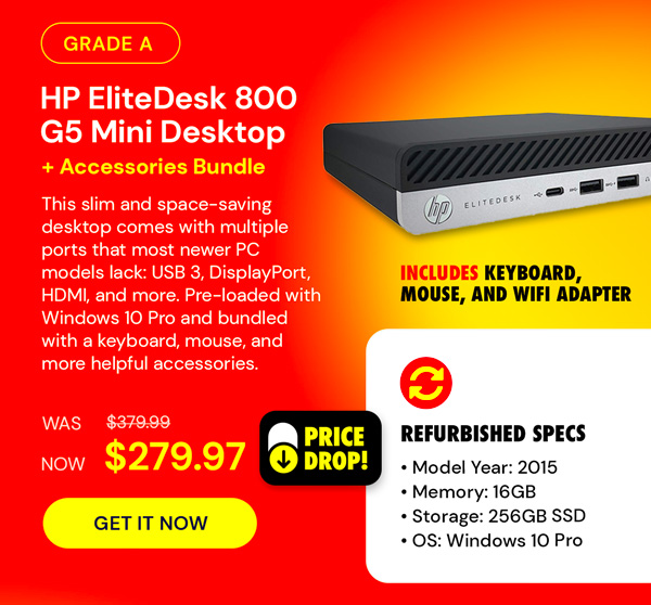 HP EliteDesk 800 G5 Mini Desktop i5-9500T 2.2GHz, 16GB RAM, 256GB SSD, Windows 10 Pro (Refurbished) + Accessories Bundle