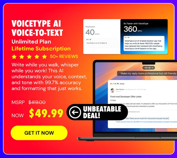 VoiceType AI Voice-to-Text: Lifetime Subscription (Unlimited Words/Month)